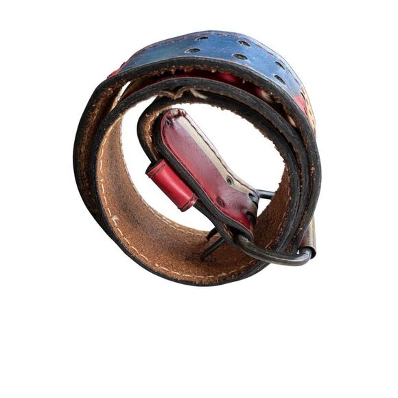 Vintage Multicolored Patchwork Tan Red & Blue Color Block Leather Belt main image 6